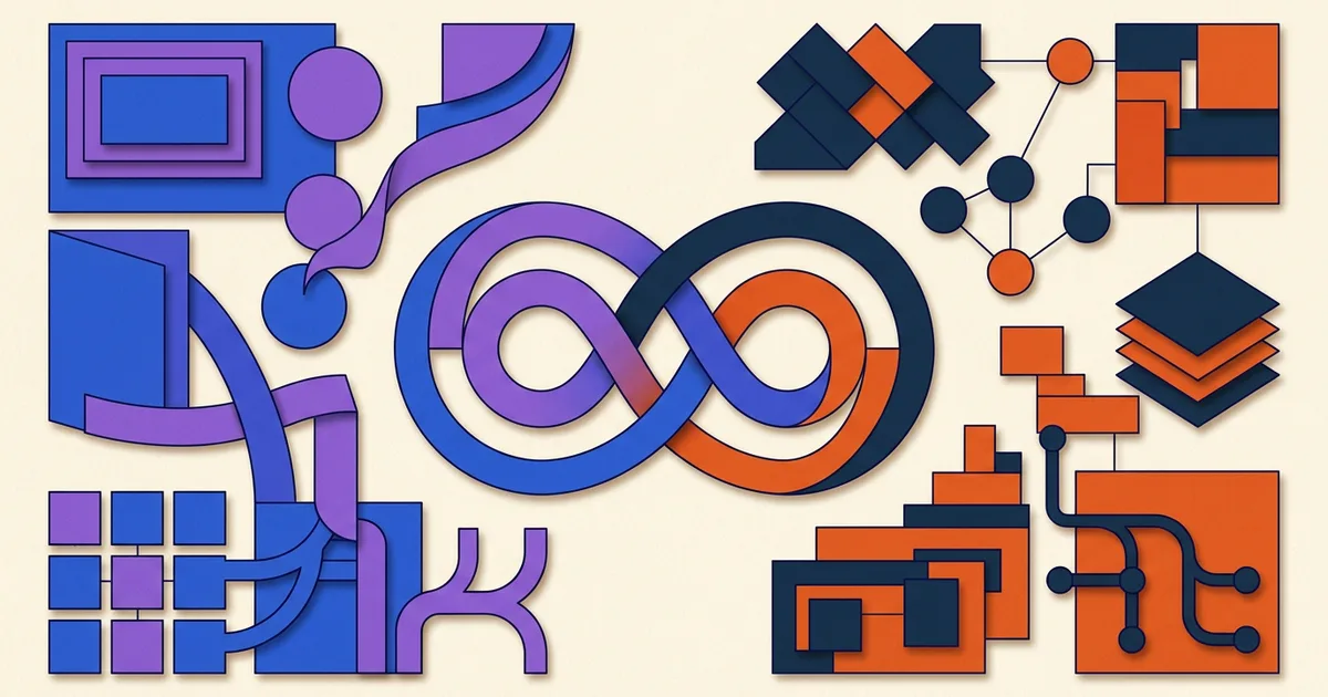 Abstract design artifacts and development components connected by a shared handoff path
