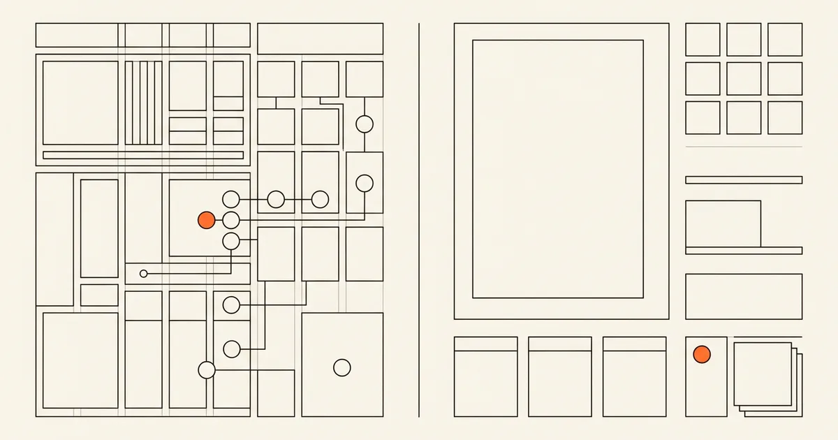 Neutral abstract decision map comparing a dense modular website production system with a cohesive managed business website suite