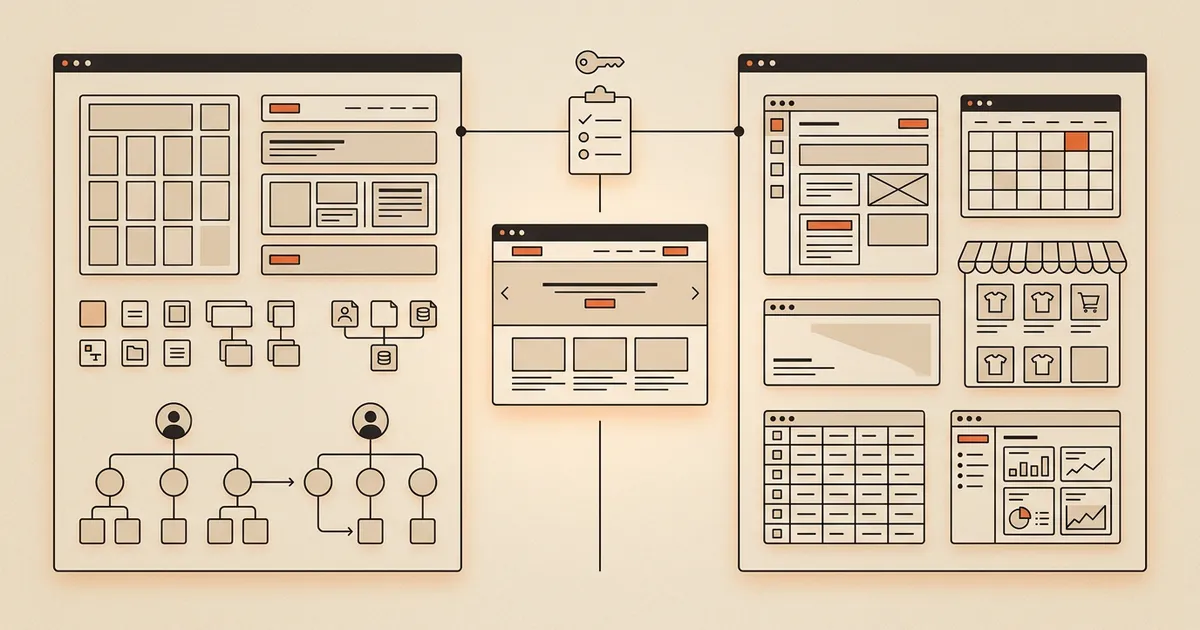 Neutral agency handoff map comparing a structured visual CMS workflow with a small-business website suite