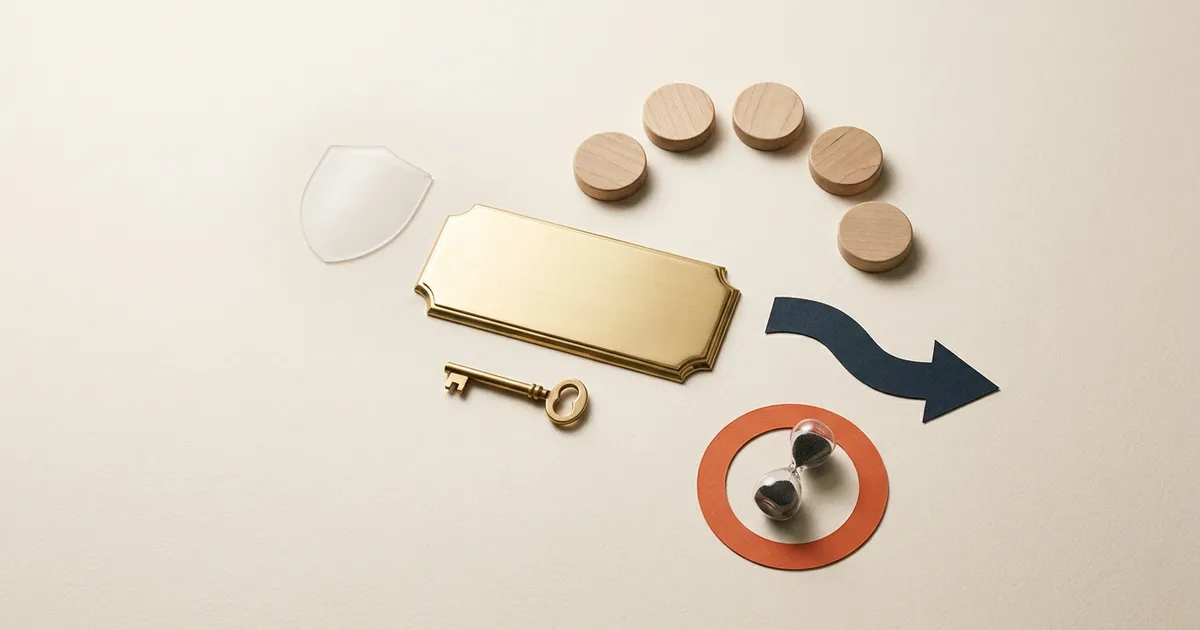 A brass key, blank address plaque, renewal markers, transfer arrow, and privacy shield arranged as a domain lifecycle