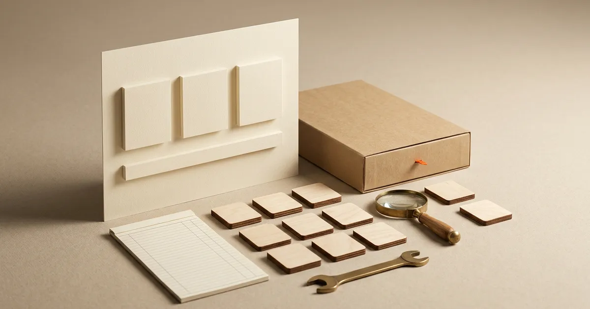 A warm editorial still life of a website model, maintenance checklist, calendar tiles and repair tools