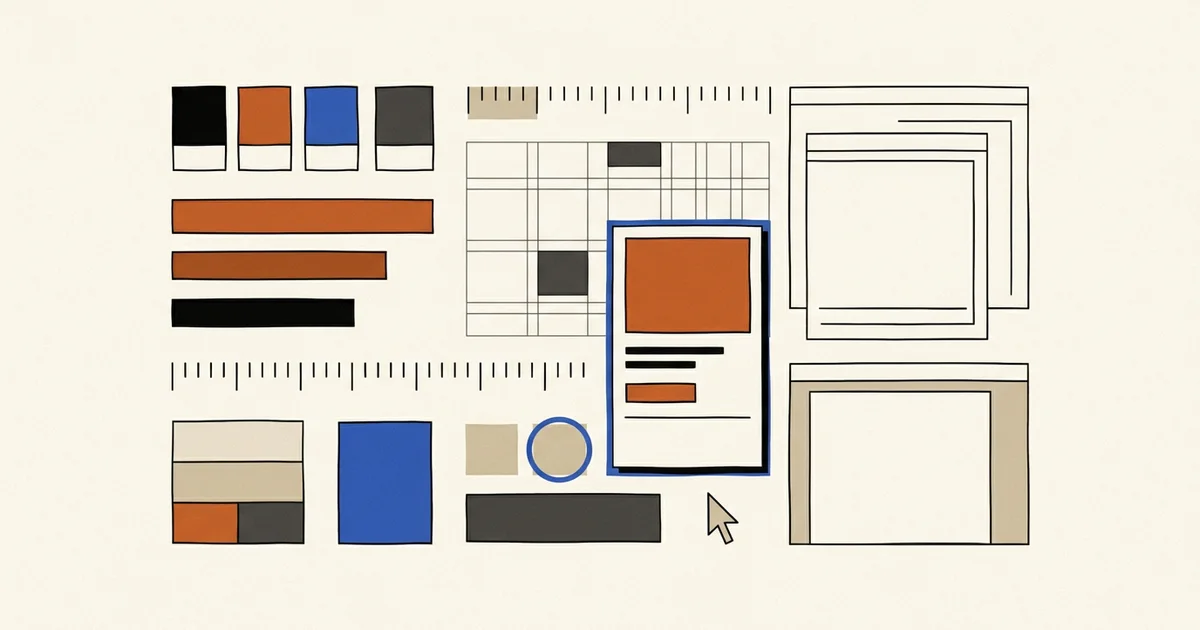 Abstract website style system with color swatches, scale bars, grids, responsive frames, component geometry, cursor, and focus ring