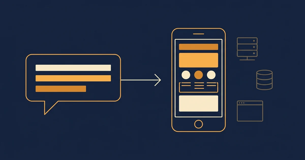 Illustrative diagram showing a written sentence becoming a phone app, with the separate pieces an app still needs beside it: a server, a database and a website