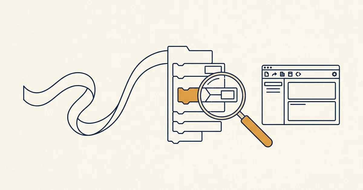 Illustration of a spoken sentence turning into a stack of code blocks that assemble into a small application window, with a magnifying glass reviewing one block