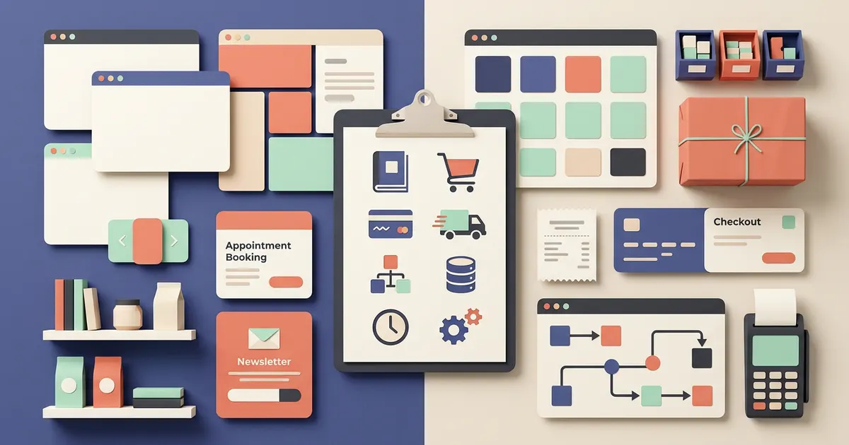Neutral editorial store comparison with equal website and commerce work areas connected by one requirements clipboard