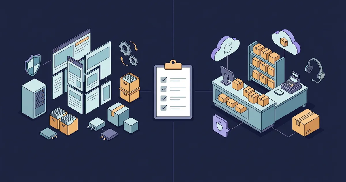 Equal comparison of a modular self-managed website stack and a managed commerce workspace connected by one requirements checklist